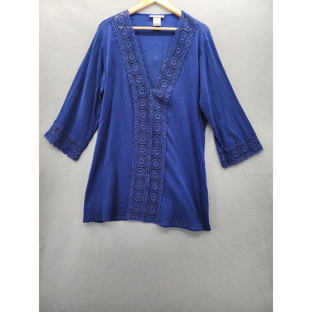 La Blanca Blue Cotton‎ Gauze Crochet Lace Trim V-Neck Tunic Top Coverup Womens L
